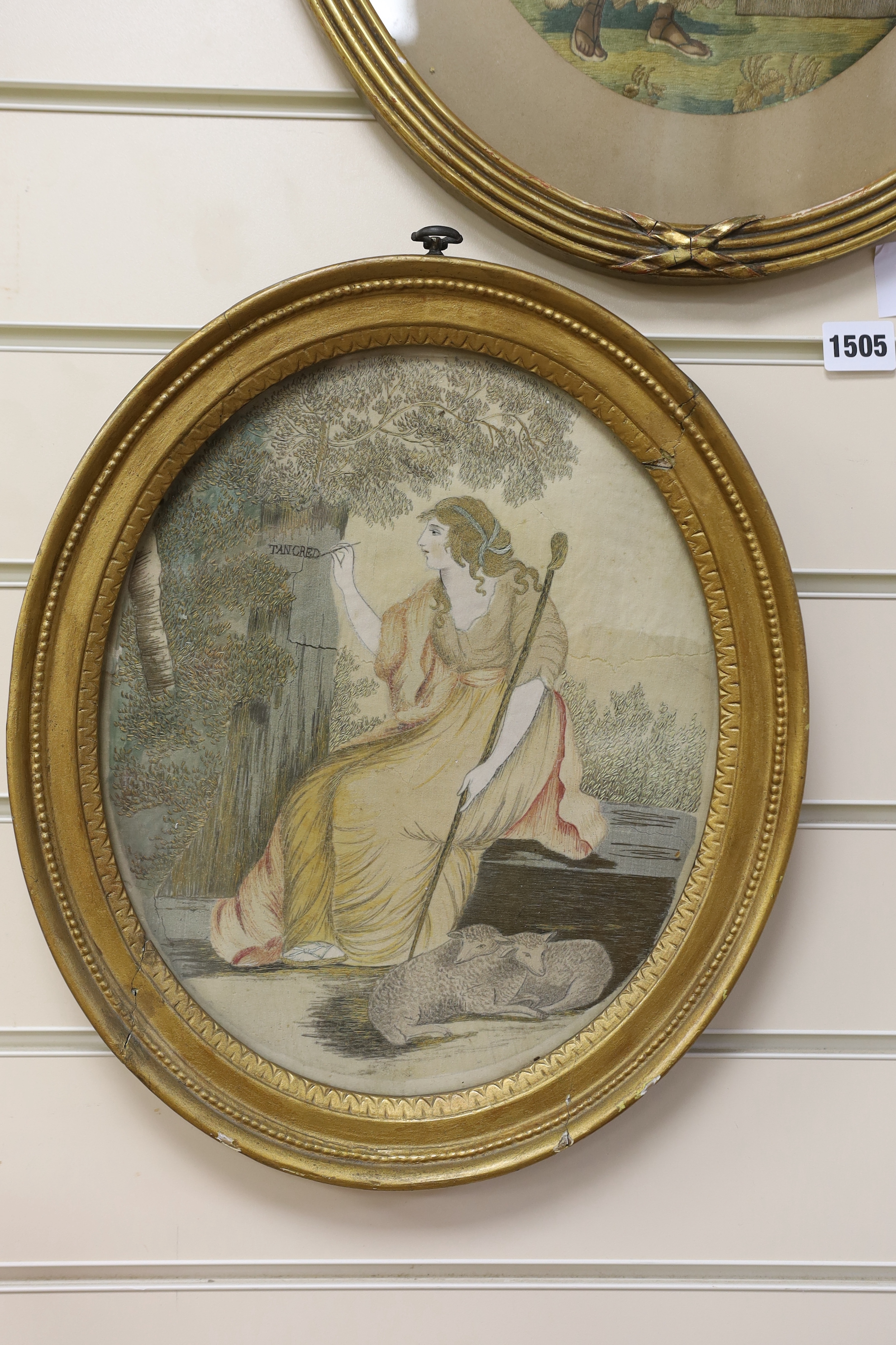 Two gilt framed oval Regency silk figural embroideries, largest 33cm high, not including mount or frame